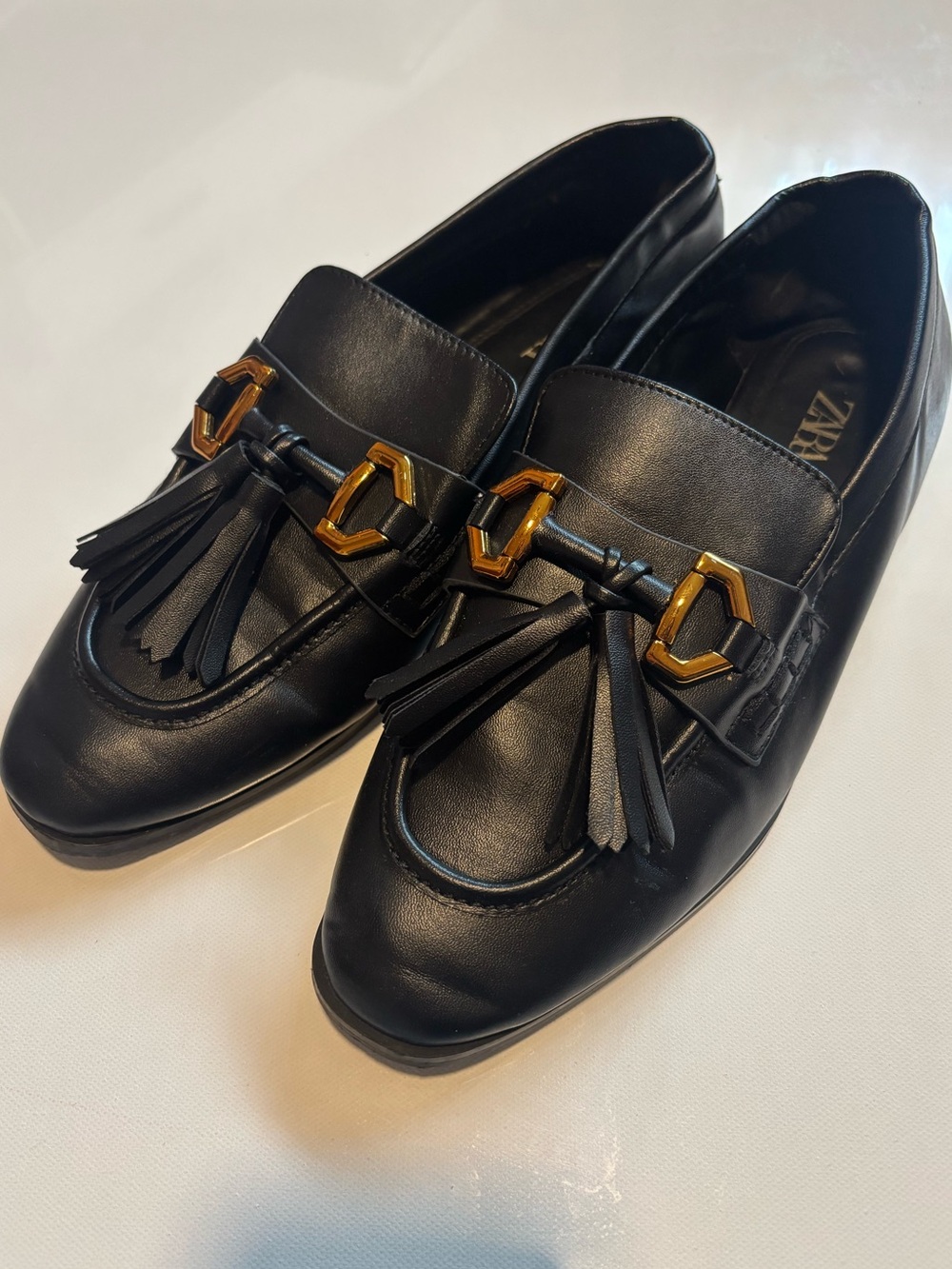 Zara Black Tassel Loafers with Gold Hardware size 39